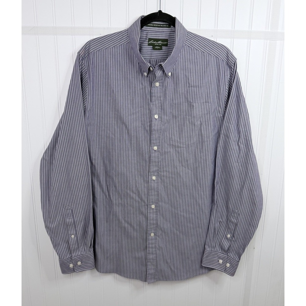 Eddie Bauer Mens Large Purple Stripe Button Down Shirt Wrinkle Resistant Relaxed